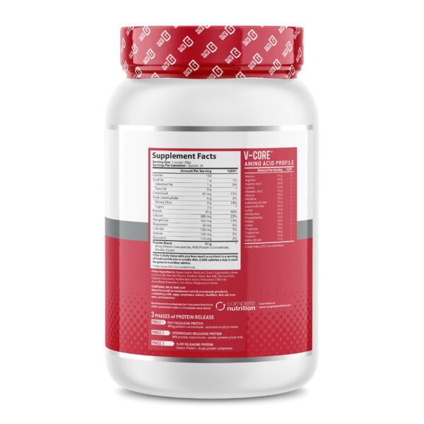 Detalle del envase de proteína V-Core polvo keto