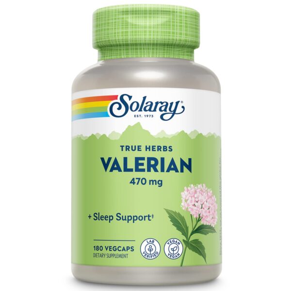 Valeriana Solaray 470mg frasco de suplemento natural para relajación