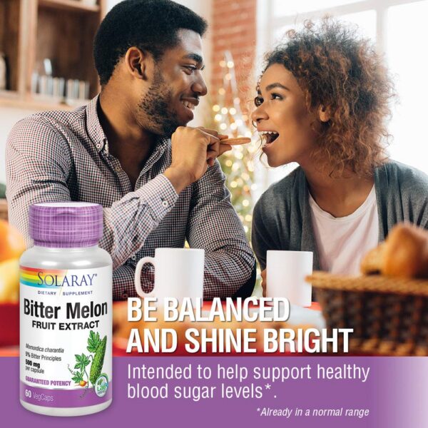 Vista múltiple del frasco y cápsulas de melón amargo Solaray