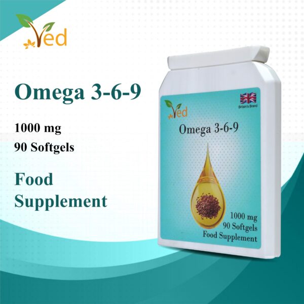 Frasco de Ved Omega 3-6-9 en etiqueta