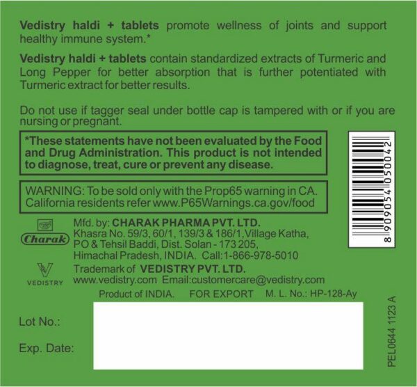 Vedistry Haldi+ cerrado suplemento cúrcuma antioxidante