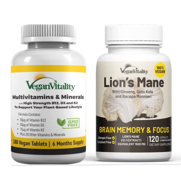 Frasco frontal Vegan Vitality con Lion's Mane y multivitaminas