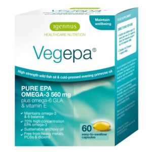 Frasco de Vegepa Omega 3 con aceite de pescado y onagra