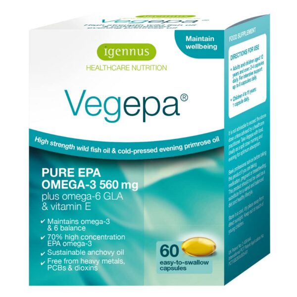 Frasco de Vegepa Omega 3 con aceite de pescado y onagra