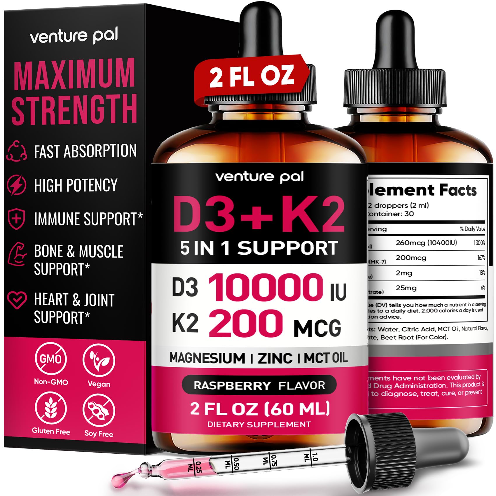 Vitamin D3, 10000 IU & K2 Drops with Magnesium & Zinc