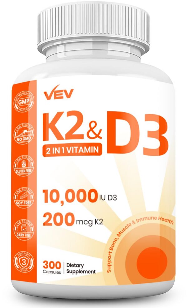 Frasco de VEV Vitamina D3 K2 10,000 UI 300 cápsulas
