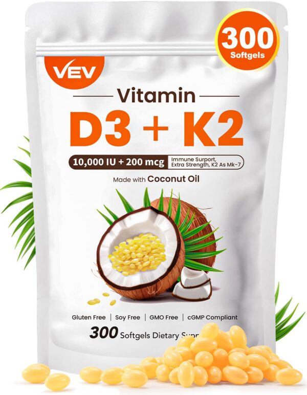 Envase suplemento vitamina D3 y K2 VEV con 300 softgels