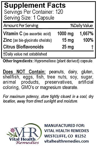 Etiqueta trasera de VHR Vitamina C 1000 mg con zinc