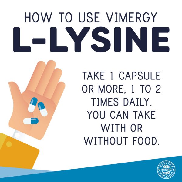 Etiqueta de Vimergy L-Lysine mostrando información de producto