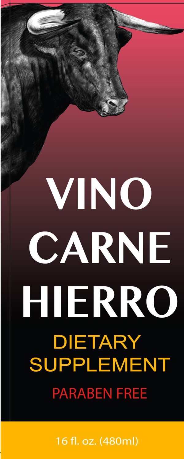 Etiqueta producto Vino Carne Hierro suplemento anemia y fatiga