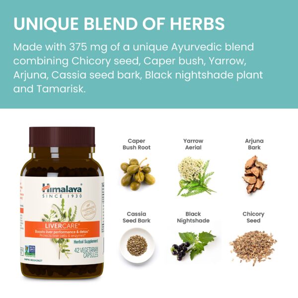 Vista frontal del suplemento natural para hígado LiverCare de Himalaya