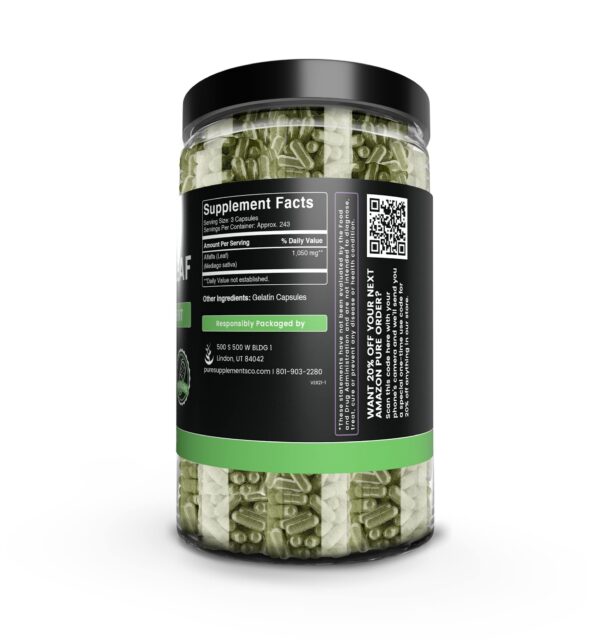 Vista interior cápsulas hoja de alfalfa PURE ORIGINAL INGREDIENTS