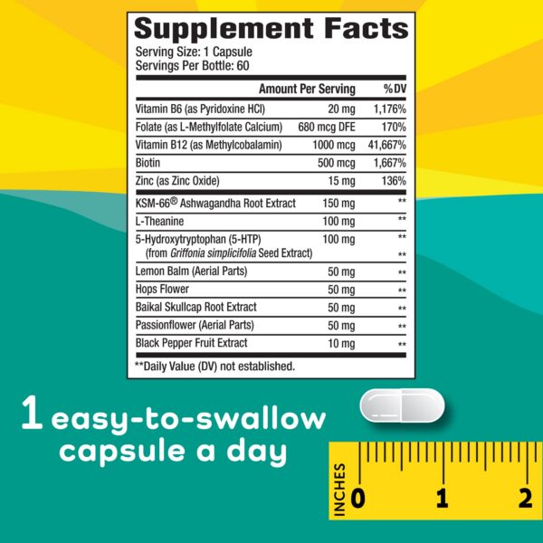 Vista lateral botella Calmable suplemento alivio estrés para jóvenes