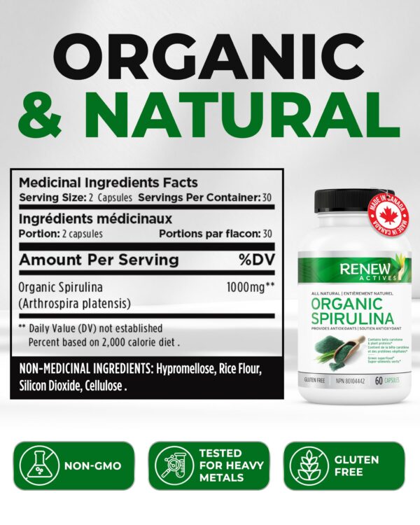 Vista lateral de botella Renew Actives Spirulina