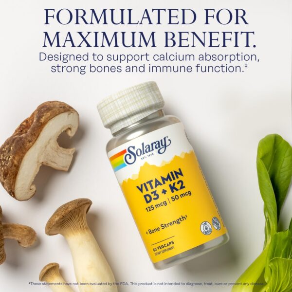 Vista lateral botella solaray suplemento vitamina d3 k2 magnesio
