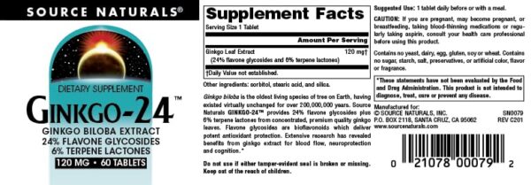 Vista lateral botella Source Naturals Ginkgo Biloba 60 tabletas