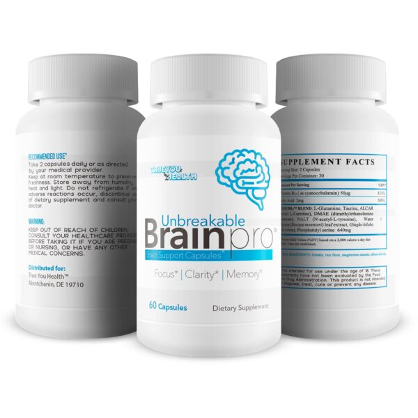Vista lateral botella Unbreakable Brain Pro vitaminas cerebrales