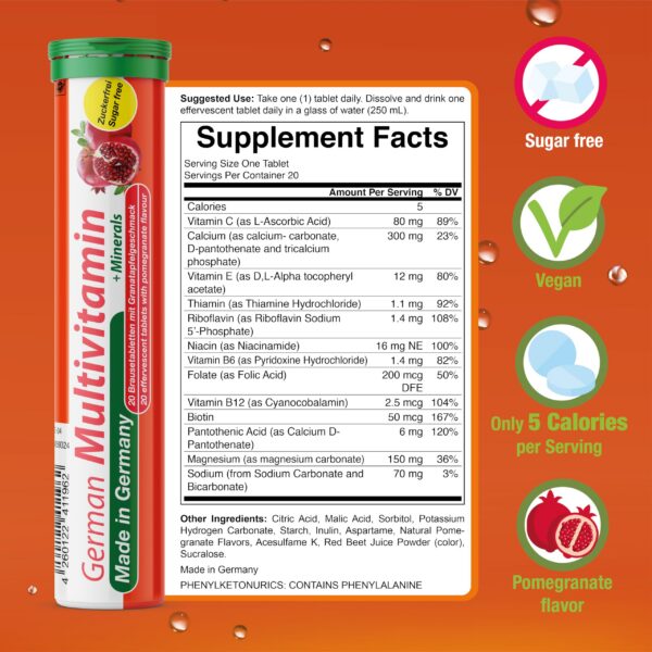 Vista lateral comprimidos efervescentes alemán multivitamínico T&D