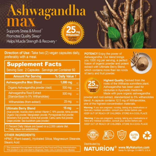 Version 1.0.0 Vista lateral empaque Ashwagandha Max con mezcla de berries