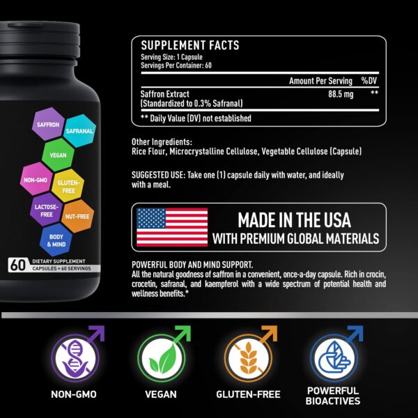 Vista lateral envase cápsulas extracto azafrán sin gluten BIOACTIVE LABS