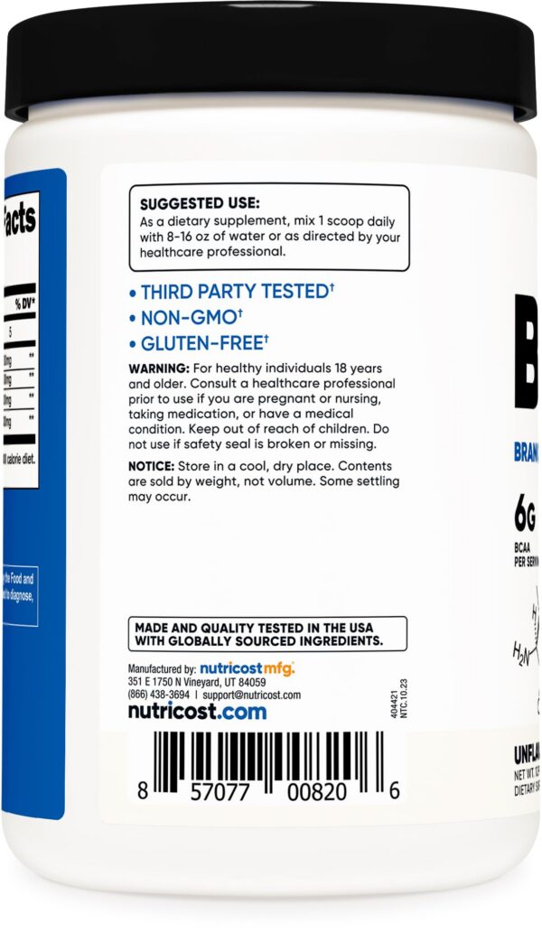 Vista lateral del envase polvo BCAA Nutricost sin sabor