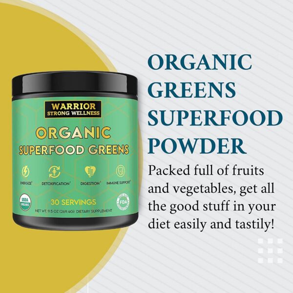 Vista lateral envase Warrior Strong Wellness polvo verde