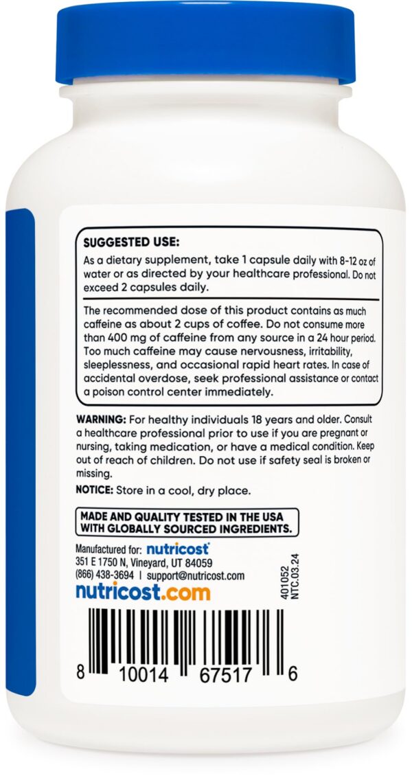 Vista lateral etiqueta suplemento cafeína Nutricost