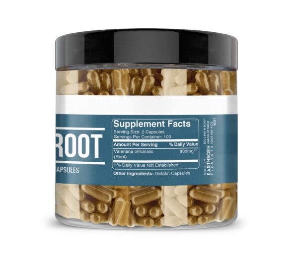 Vista lateral frasco cápsulas valeriana Earthborn Elements