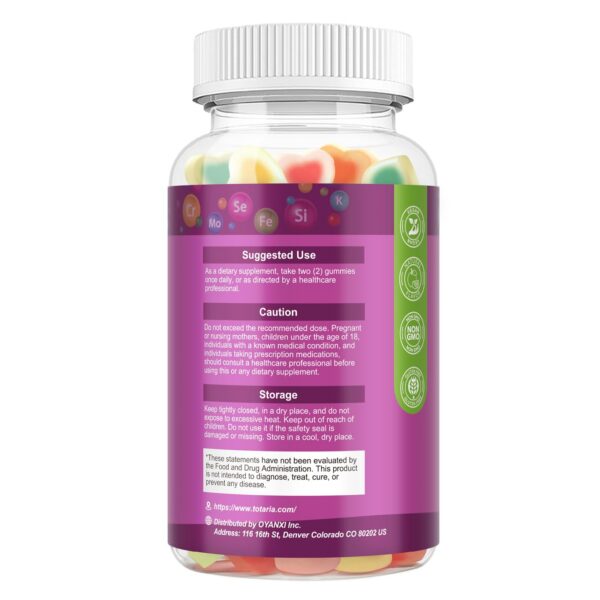 Vista lateral frasco gomitas multivitaminas para apoyo nutricional femenino