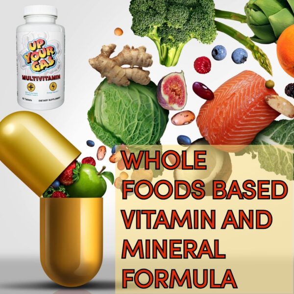 Vista lateral del frasco de multivitamínico Up Your Gas