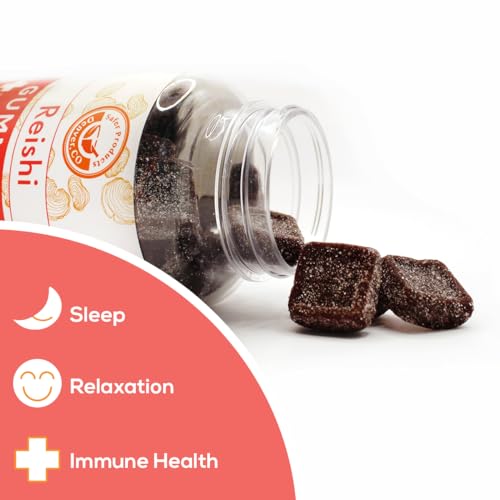 Vista lateral del frasco de gomitas de champiñón reishi de Safer Products