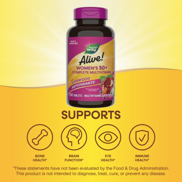 Vista lateral multivitaminas Nature's Way Alive mujeres mayores 50