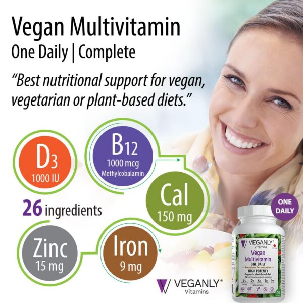 Vista lateral del multivitamínico vegano VEGANLY para nutrición completa