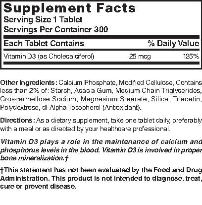 Vista lateral Nature's Blend Vitamina D3 300 tabletas frasco