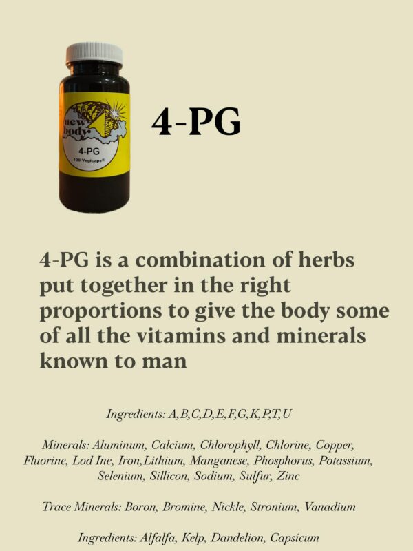 Vista lateral suplemento 4-PG multivitaminas minerales