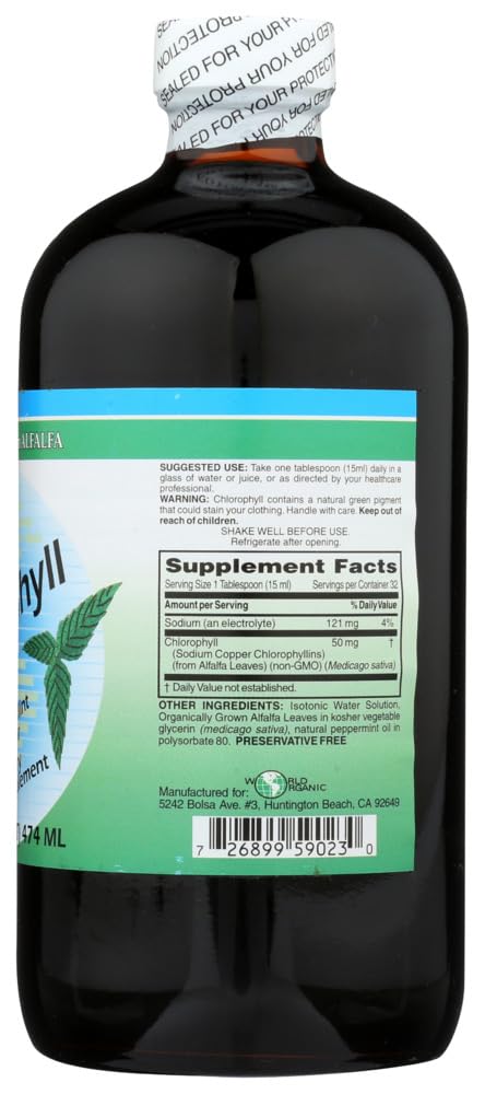 Version 1.0.0 Vista lateral botella World Organic clorofila con menta