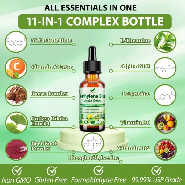 Frasco azul metileno con etiqueta