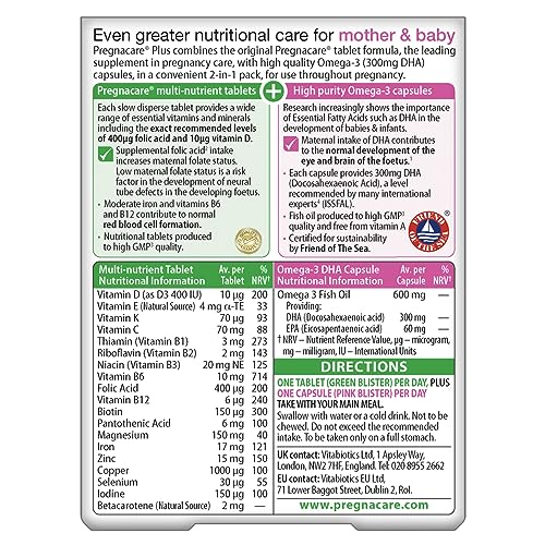Version 1.0.0 Pregnacare Plus Omega-3 frasco y cápsulas para embarazo