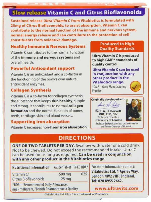 Vitabiotics Ultra Vitamina C detalles de etiqueta y composición