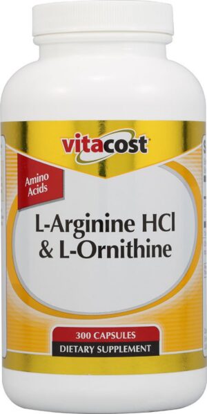 Frasco de Vitacost L-arginina HCl y L-ornitina, 300 cápsulas
