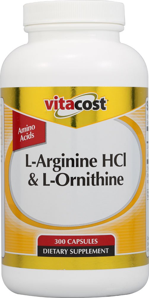 Frasco de Vitacost L-arginina HCl y L-ornitina, 300 cápsulas