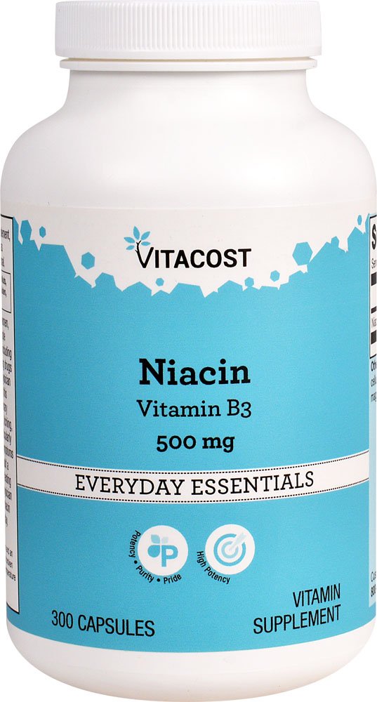 Frente del frasco Vitacost Niacina 500 mg 300 cápsulas