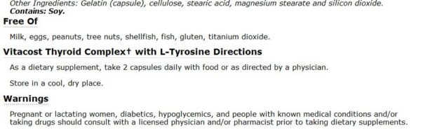 Etiqueta y frasco del suplemento Vitacost Thyroid Complex con L-Tirosina
