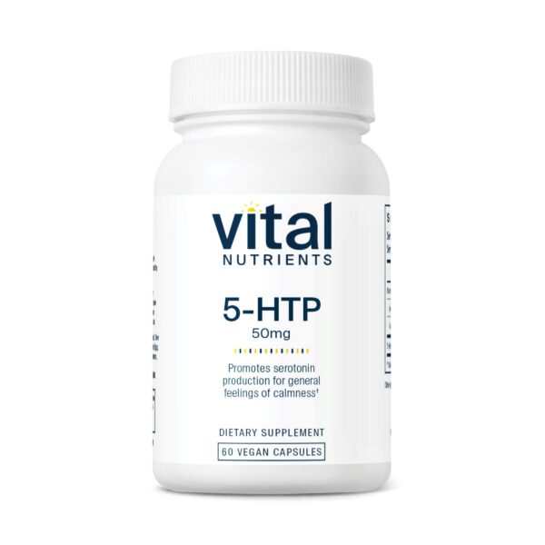 Frente de la botella Vital Nutrients 5-HTP 50 mg 60 cápsulas