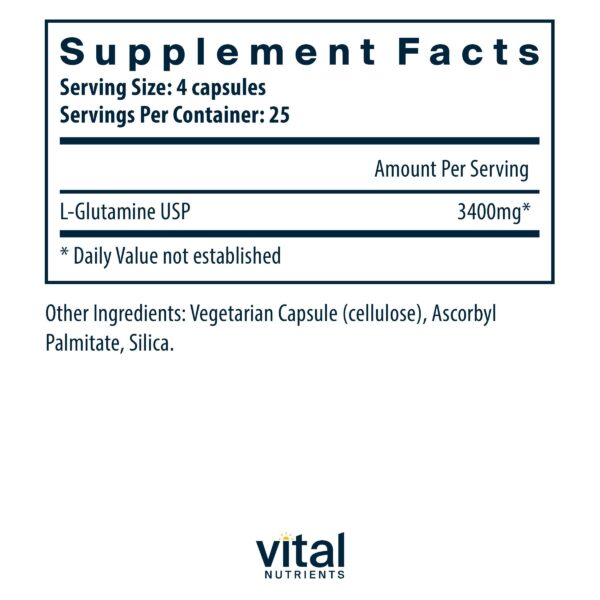 Etiqueta frontal de Vital Nutrients Glutamina
