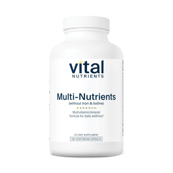 Frasco de multivitaminas Vital Nutrients sin hierro