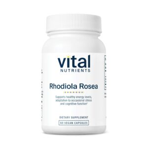 Frasco de Vital Nutrients Rhodiola Rosea 60 cápsulas para energía y memoria