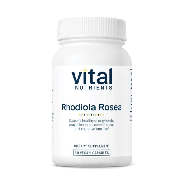 Frasco de Vital Nutrients Rhodiola Rosea 60 cápsulas para energía y memoria