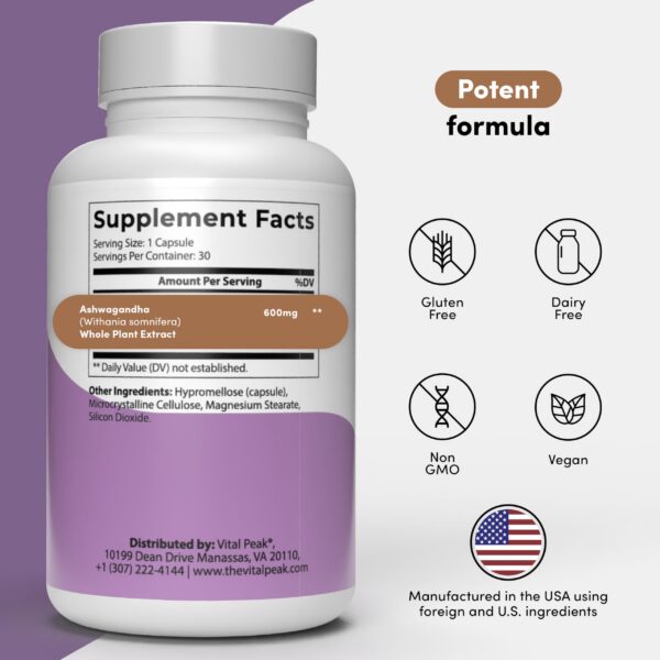 Etiqueta del producto Vital Peak ashwagandha