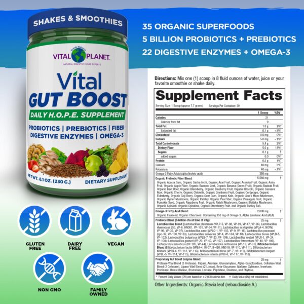 Suplemento Vital Gut Boost polvo con ingredientes naturales orgánicos
